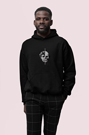 Skull Baskılı Siyah Erkek Kapüşonlu 3 iplik Şardonlu Ribanalı Sweatshirt Hoodie