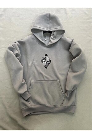 Skull Baskılı Gri Erkek Kapüşonlu 3 iplik Şardonlu Ribanalı Sweatshirt Hoodie