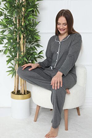 Antrasit  Pamuklu Önden Düğmeli Pijama Takım