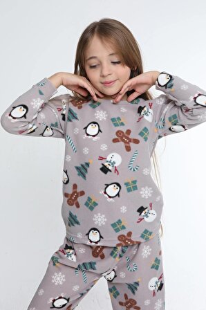 Çocuk Tıraşlı Polar Kalın Ev Tipi Pijama Takımı | Gri
