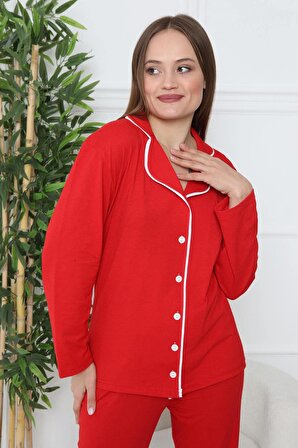 Kırmızı  Pamuklu Önden Düğmeli Pijama Takım