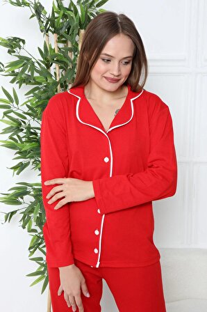 Kırmızı  Pamuklu Önden Düğmeli Pijama Takım