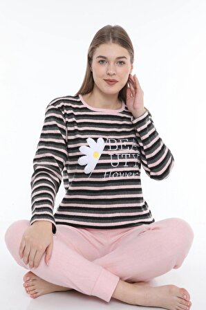 Çizgili Şardonlu İnterlok Kumaş Uzun Kollu Kadın Pijama Takımı