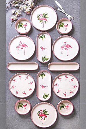 14 Parça 6 Kişilik Stackable Flamingo Desen Kahvaltı Takımı Pembe Handmade Özel Tasarım Kahvaltılık