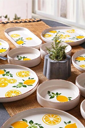 14 Parça 6 Kişilik Stackable Limon Desen Kahvaltı Takımı Handmade Özel Tasarım Kahvaltılık