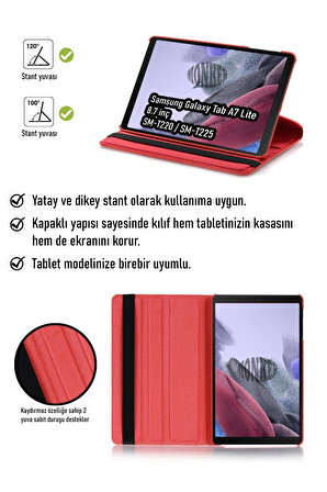 Monker Samsung Galaxy Tab A7 Lite T220 Uyumlu Kırmızı 8.7 inç Tablet Kılıfı Dönebilen Standlı Suni Deri