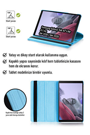 Monker Samsung Galaxy Tab A7 Lite T220 Uyumlu Mavi 8.7 inç Tablet Kılıfı Dönebilen Standlı Suni Deri