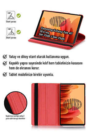 Monker Samsung Galaxy Tab A7 T500 Uyumlu Kırmızı 10.4 inç Tablet Kılıfı Dönebilen Standlı Suni Deri