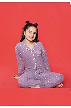 Kız Çocuk BOYDAN DÜĞMELİ Kışlık Polar Pijama Takımı