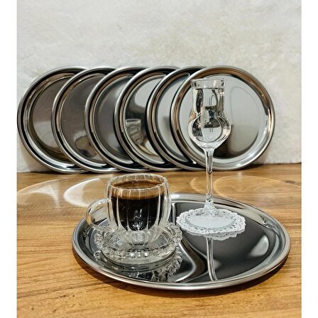 6 Adet Gümüş Paslanmaz Çelik Yuvarlak Çay,kahve,pasta Servis Tepsisi Sunum Tepsisi 21,5 cm