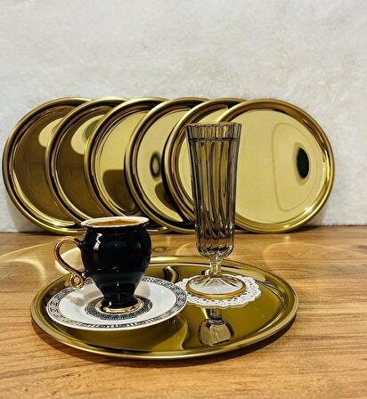 Maglor 6 Adet Gold Paslanmaz Çelik 20 cm Yuvarlak Çay, Kahve, Pasta Servis Tepsisi Dekoratif Sunum Tepsisi