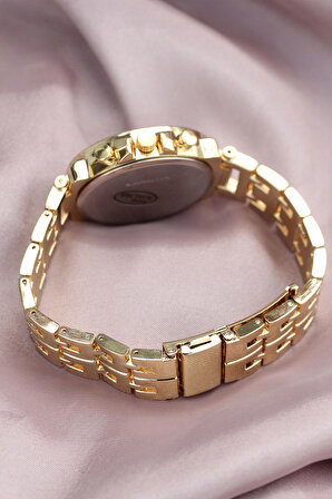Gold Metal Kordonlu Zirkon Taşlı Kasa Tasarımlı Kadın Saat - BJ-BS3362