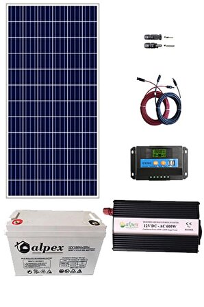 ALPEX BAĞ EVİ GÜNEŞ ENERJİSİ SOLAR PAKET SP165 170W GÜNEŞ PANELİ 100AH JEL AKÜ 600W İNVERTER