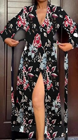 TAHASS HAN Kadın Uzun Kollu Kruvaze Yaka Yandan Bağlamalı Krep Tam Boy Elbise