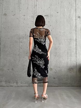 TAHASS HAN Baskılı Şifon Kimono Elbise - Siyah