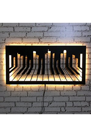 Üç Boyutlu Led Işıklı Ahşap Tablo Piyano Figürü Duvar Dekorasyonu 35 X 70