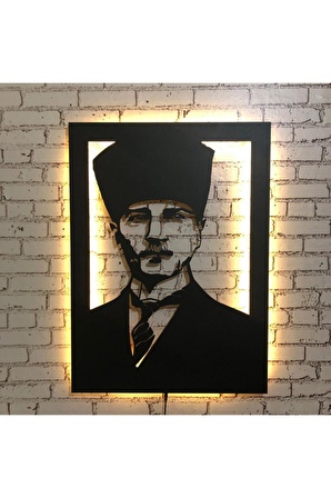 Tablo Atatürk Resmi Led Işıklı Ahşap Duvar Dekorasyonu 50 X 70