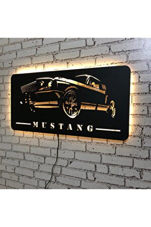 Üç Boyutlu Led Işıklı Ahşap Tablo Mustang Figürü Duvar Dekorasyonu 35 X 70