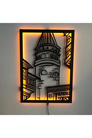 Üç Boyutlu Led Işıklı Ahşap Tablo Galata Kulesi Figürü Duvar Dekorasyonu 50 X 70