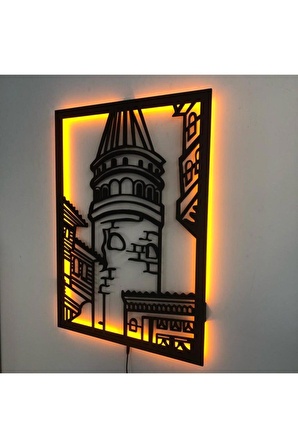 Üç Boyutlu Led Işıklı Ahşap Tablo Galata Kulesi Figürü Duvar Dekorasyonu 50 X 70