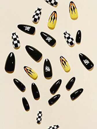 Siyah - Beyaz -Sarı Yarış Desen 24’lü Takma Tırnak Seti & Zararsız Yapıştırıcı