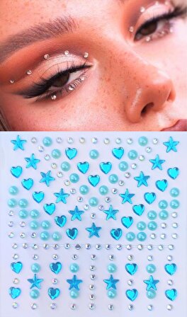 Taş Sticker Yapışkanlı Saç, Yüz, Tırnak, Makyaj ve Süs Taşı Işıltılı Parlak Mavi İnci, Yıldız, Kalpli Model