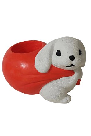 Dekoratif Tavşanlı Masa Üstü Saksı, Kalemlik, Sukulent Saksı, Düzenleyici Obje Boyalı Renk Kırmızı