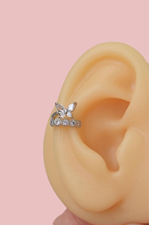 Kelebekli Sıkıştırmalı Kıkırdak Küpesi Taşlı Earcuff Gümüş Renkli