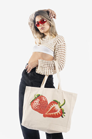 "Strawberries" Canvas Tote Bag Omuz ve Plaj Çantası