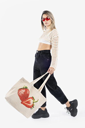 "Strawberries" Canvas Tote Bag Omuz ve Plaj Çantası