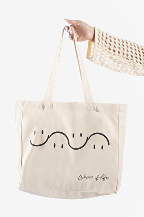 "Waves Of Life" Canvas Tote Bag Omuz ve Plaj Çantası