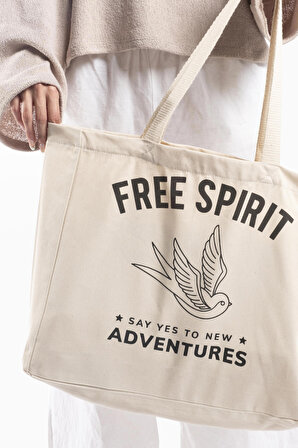 "Free Spirit" Canvas Tote Bag Omuz ve Plaj Çantası