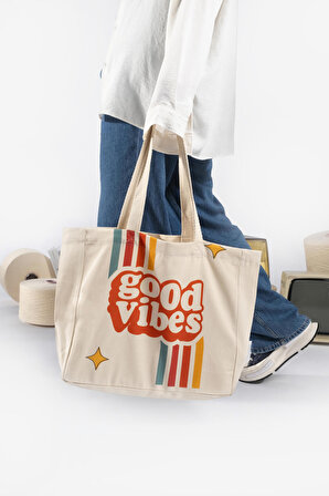 "Good Vibes" Canvas Tote Bag Omuz ve Plaj Çantası