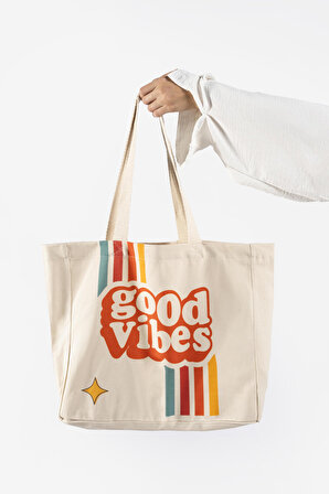 "Good Vibes" Canvas Tote Bag Omuz ve Plaj Çantası