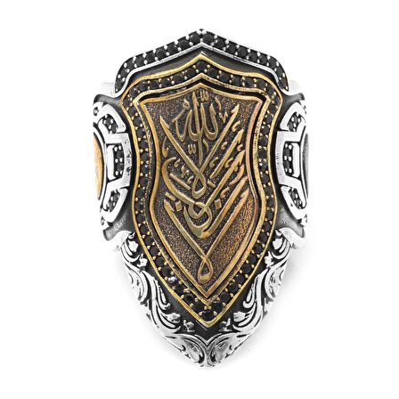 Siyah Zirkon Taşlı Mıhlamalı Arapça "Allah" Yazılı 925 Ayar Gümüş Erkek Okçu (Zihgir) Yüzüğü
