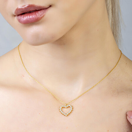 Zirkon Taşlı Kalp Tasarım Gold Renk 925 Ayar Gümüş Kadın Kolye