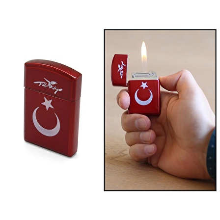 Kişiye Özel İsim Yazılı Zippo Tasarım Üzeri Ay Yıldız İşlemeli Kırmızı Beyaz Renk Taşlı Metal Çakmak