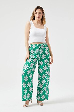 Çiçek Desenli Yeşil Keten Pantolon - S