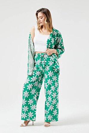 Çiçek Desenli Yeşil Keten Pantolon - M