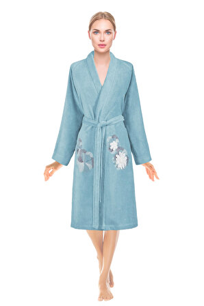 Kimono Bornoz Kadife Aqua %100 Pamuk Çift Nakışlı Dantelli