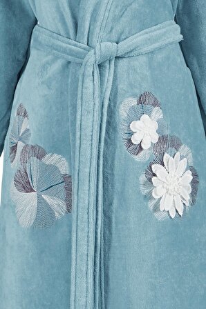 Kimono Bornoz Kadife Aqua %100 Pamuk Çift Nakışlı Dantelli