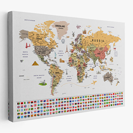 Dünya Haritası Ayrıntılı Eğitici  Sembollü Bayraklı Dekoratif Kanvas Tablo 2853