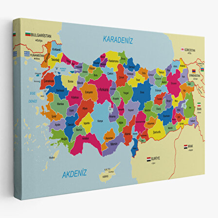 Türkiye Haritası Kanvas Tablo Sınır Komşulu Eğitici Dekoratif Tablo 3089