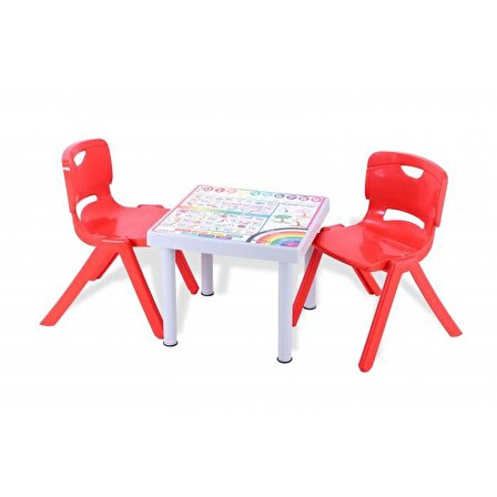 Sağlam Plastik Mandella Rubi Türkçe Desenli Çocuk Masası 2 Adet Nova Büyük Çocuk Koltuk Kırmızı