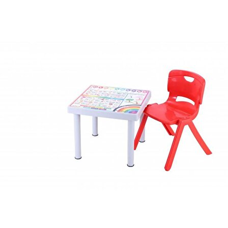 Sağlam Plastik Mandella Rubi Türkçe Desenli Çocuk Masası 1 Adet Nova Orta Çocuk Koltuk Kırmızı