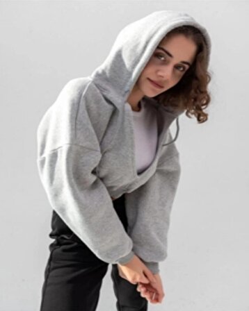 Kadın Gri Kapüşonlu V Yaka Crop Kalın İçi Polarlı Örme Sweatshirt