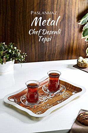 Chef Desenli Metal Sunum Tepsisi- Çay Kahve Tepsisi 25x36.5 Cm