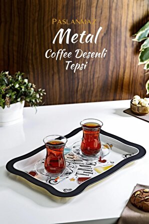 Coffee Desenli Metal Sunum Tepsisi- Çay Kahve Tepsisi