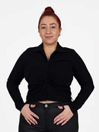 Truva Xxl Büyük Beden Kadın Giyim Fitilli Penye Ön Büzgü Gömlek Renkli B0935