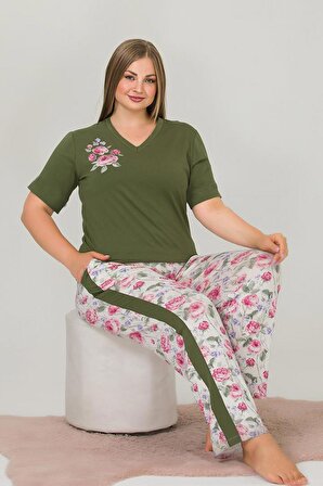 Truva Xxl Büyük Beden Yan Şerit Detay Pijama Takım Yeşil P10898